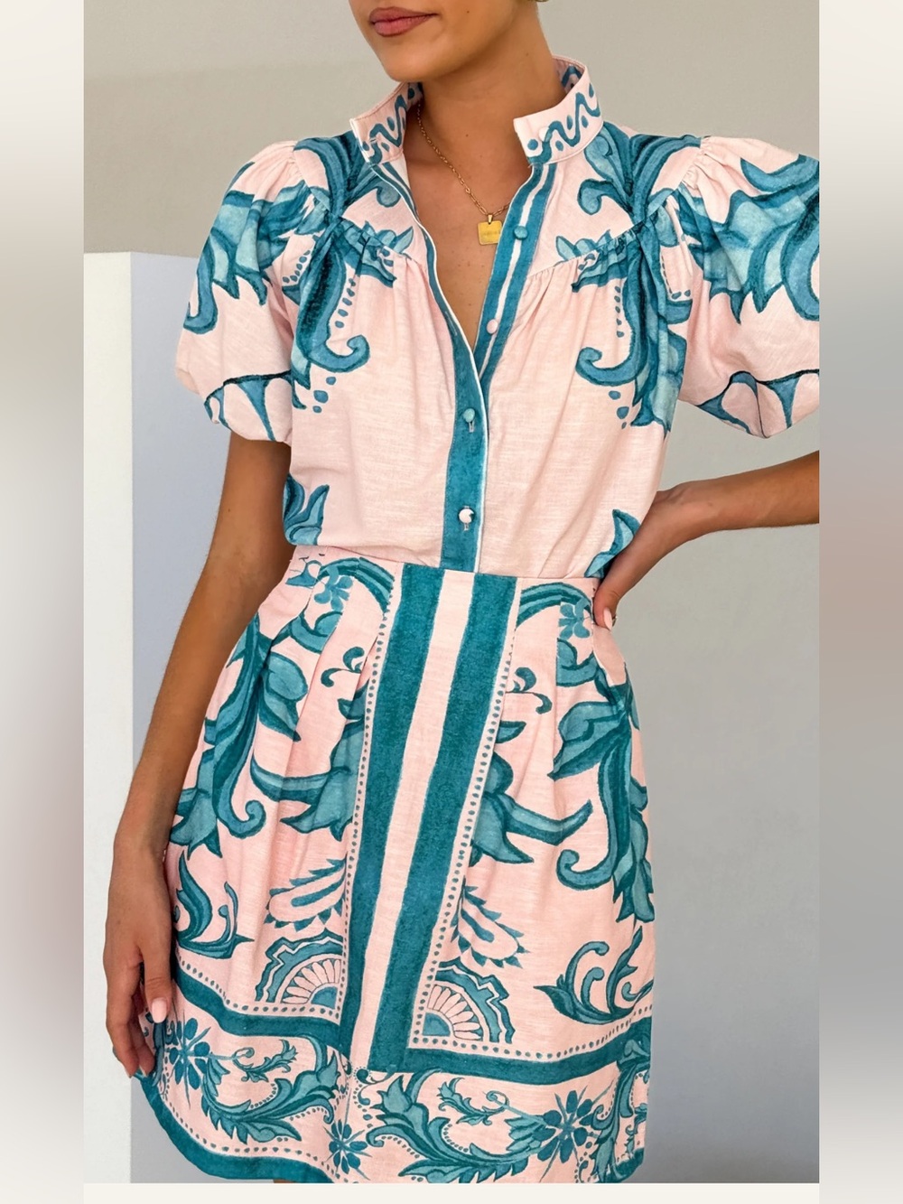 Mia Milani Laraine Aqua Pink Zayna Printed Puff-Sleeve Matching Set